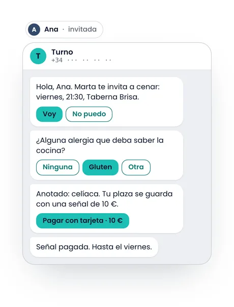 Dibujo del chat de Ana, invitada, con Turno. La invitan a cenar el viernes a las 21:30 en Taberna Brisa y pulsa «Voy»; cuando le preguntan por alergias marca «Gluten»; paga su señal con el botón «Pagar con tarjeta» y recibe el mensaje «Señal pagada. Hasta el viernes».