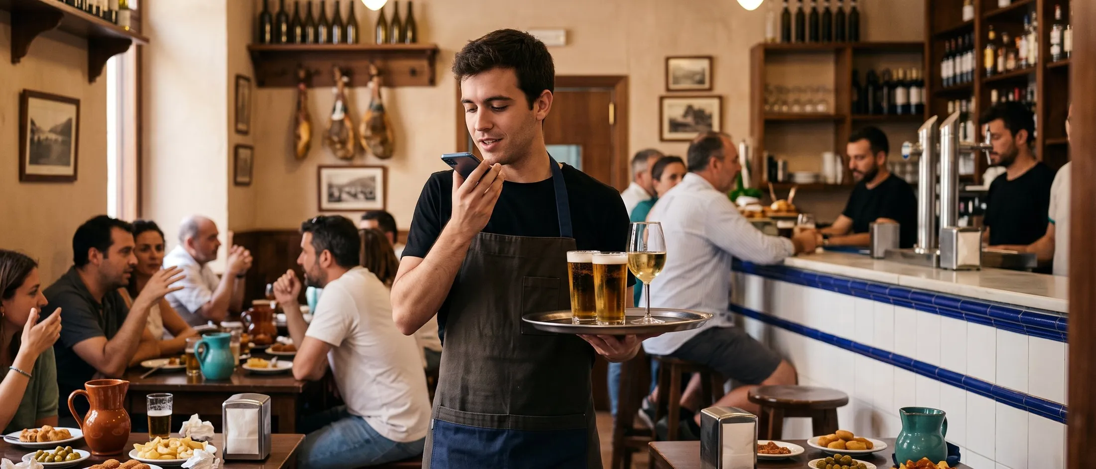 A server crosses a busy tavern with a tray of drinks and, with his other hand, dictates a voice note into his phone. Behind him, tables with small plates and a tiled bar.